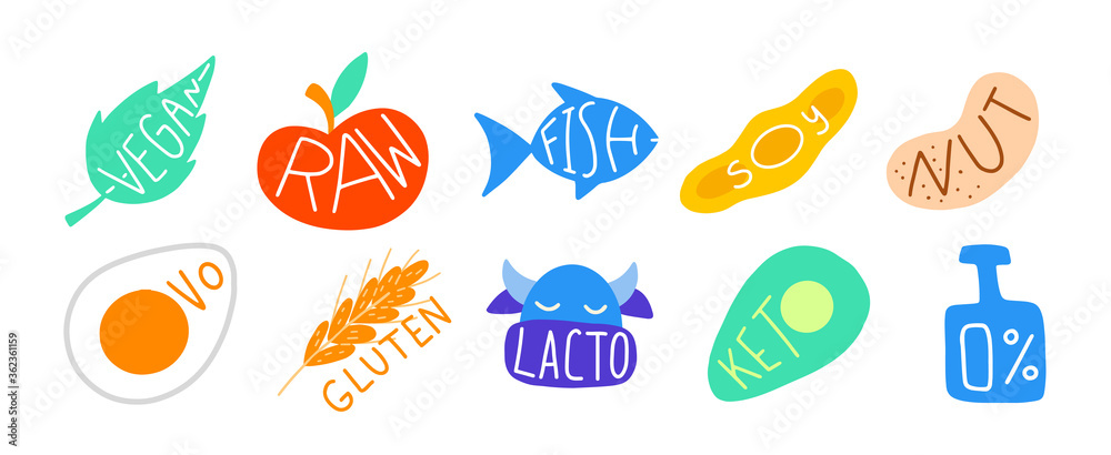 Vegan, ovo, soy, nuts, lacto, keto, raw, gluten signs. Healthly food concept icon. Vegan, ovo, soy, nuts, lacto, keto, raw, gluten signs. Healthly food concept icon.