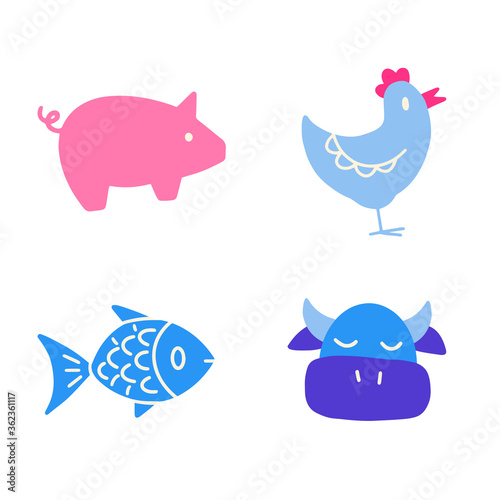 Pork, beef, chicken, fish signs. Types of meat. Healthly food concept icon.