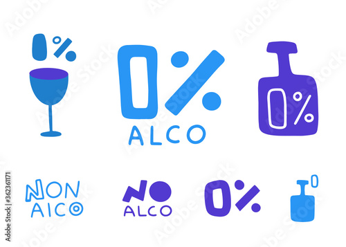 Non-alcoholic sign, alcohol free set. Healthly food concept icon.
