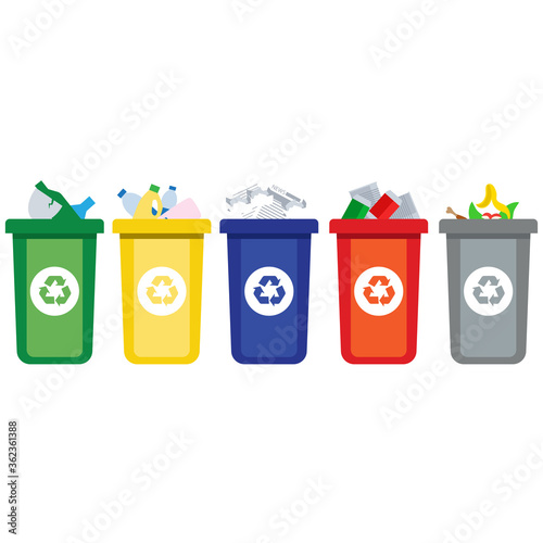 colored trash cans blue red with metal, paper, plastic, glass and organic waste suitable for reuse reduce recycle. waste sorting garbage. vector illustration
