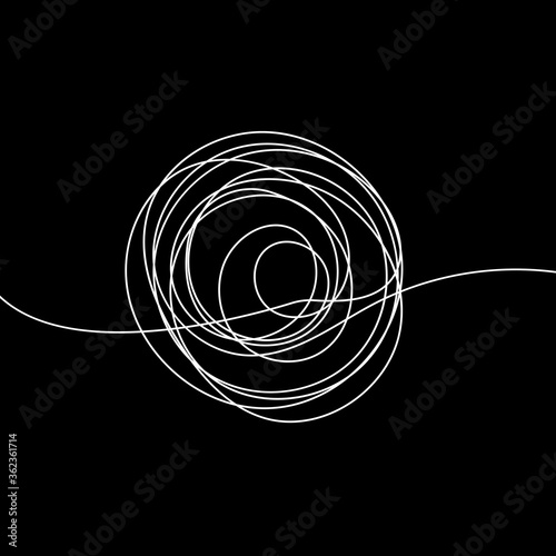 Complicated line way. Hand drawn tangle of tangled thread. Abstract scribble shape. Vector illustration isolated on black background.