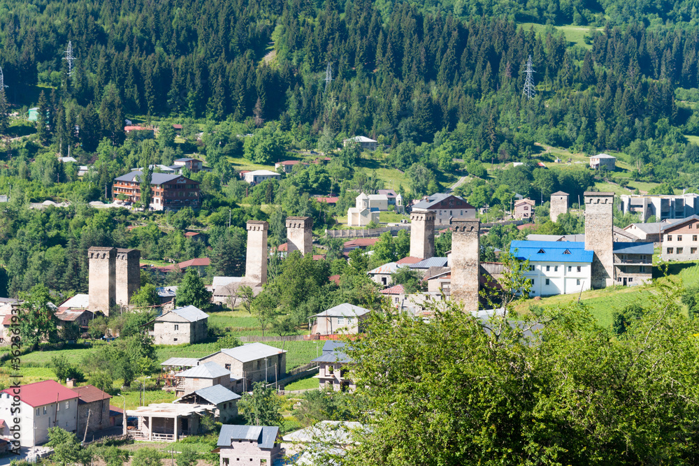 Ancient towers at Mestia town. a famous landscape in Mestia, Samegrelo-Zemo Svaneti, Georgia.