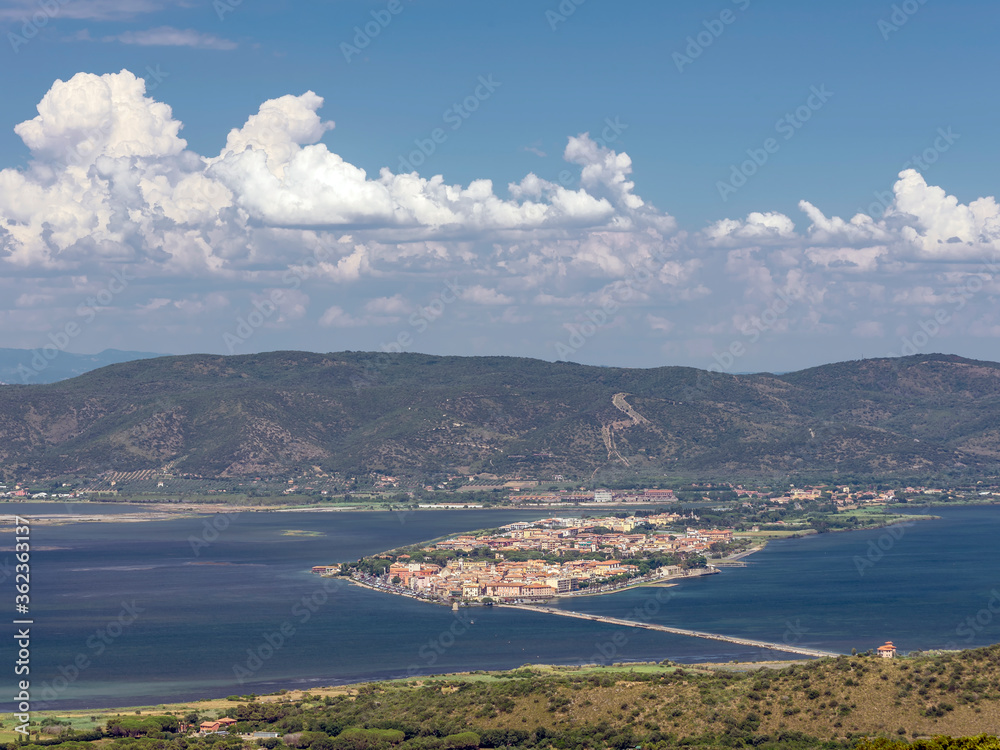 Obraz premium Beautiful aerial view of Orbetello and the Lagoon from the convent of the Passionist Fathers, Grosseto, Italy