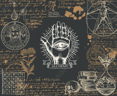 Alchemy banner in vintage style. Artistic illustration on alchemical theme with hand-drawn palm, third eye, sketches, handwritten scribbles and blots on the black background