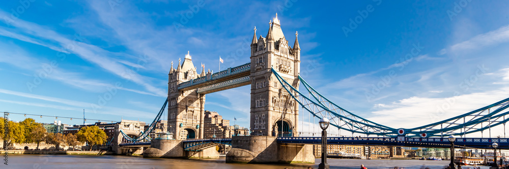 Tower Bridge in London, UK, United Kingdom. Web banner in panoramic view.