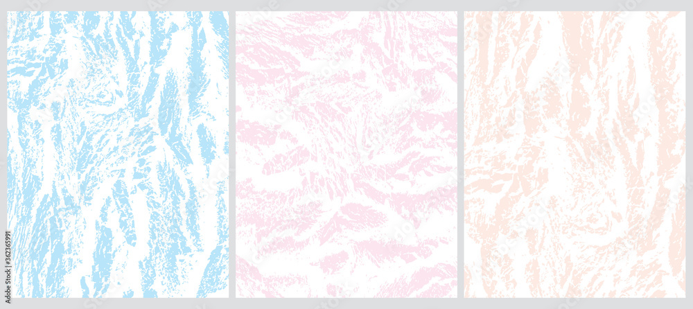 Fototapeta premium Set of 3 Abstract Geometric Layouts. Irregular White Grunge Texture on a Light Pink, Pastel Blue and Light Cream Backgrounds. Funny Simple Creative Design. White Stains Vector Print.