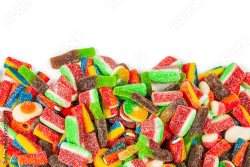 Assorted gummy candies. Top view. Jelly sweets.