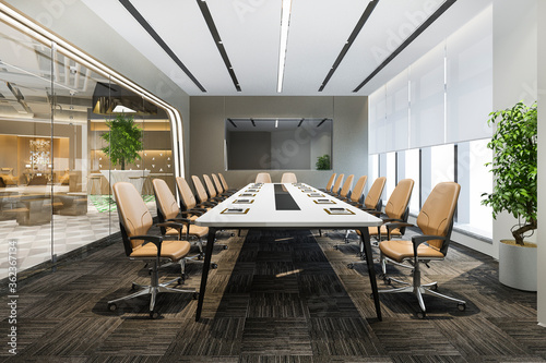3d rendering business meeting room on high rise office building near reception photo
