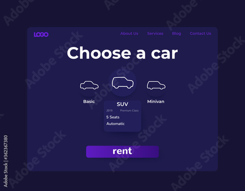 Car rent service, web page design, vector