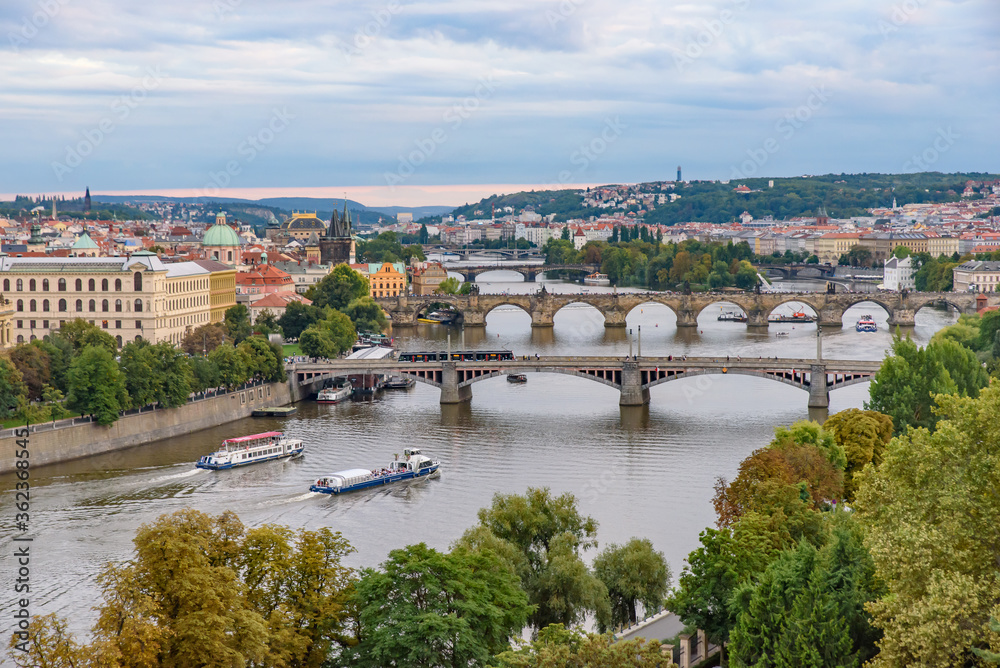 View of three bridges over the River Vltava in Prague, Czech Republic