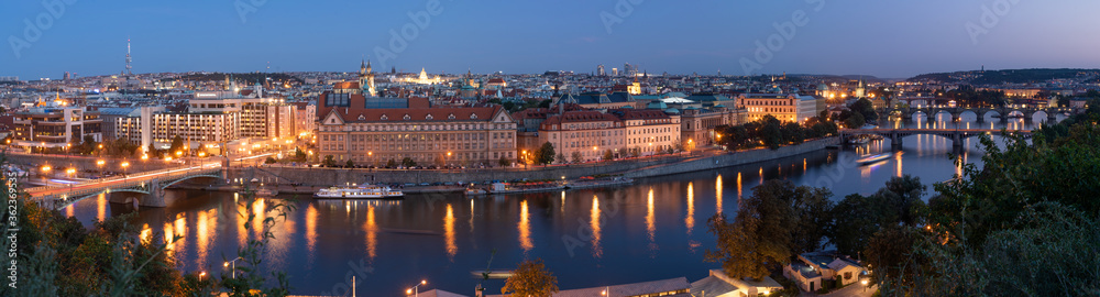 Panoramic night view of River Vltava and the old town of Prague, Czech Republic