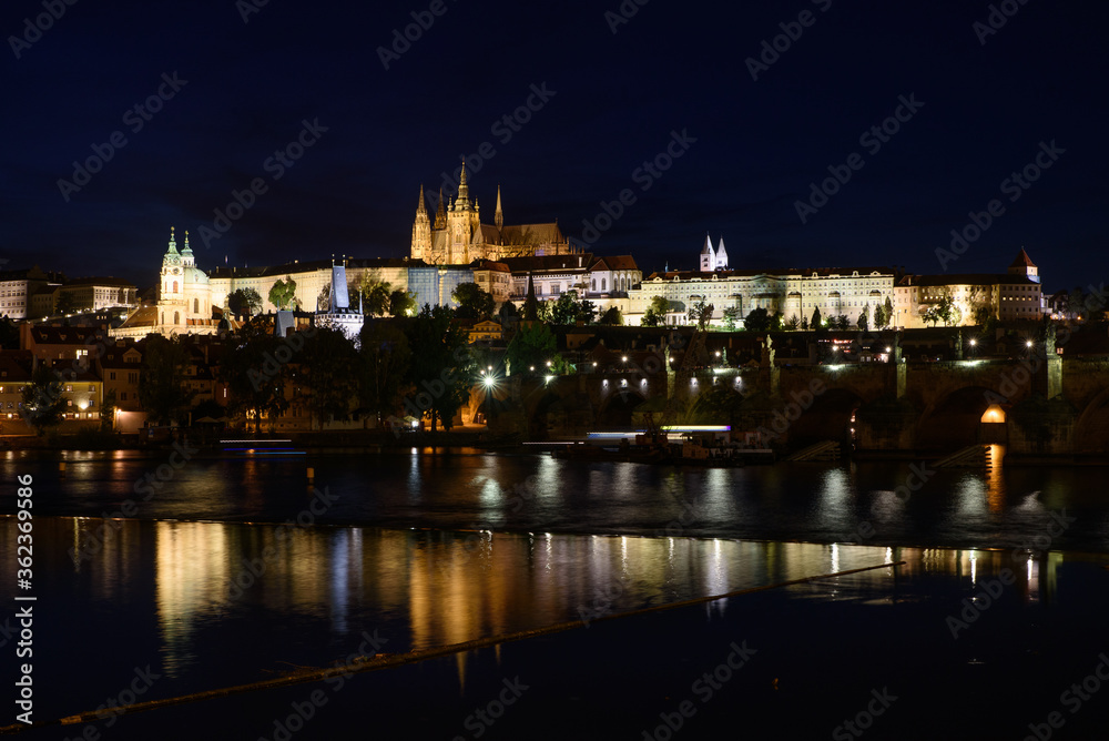 Night view of Prague Castle, the largest ancient castle in the world, in Prague, Czech Republic