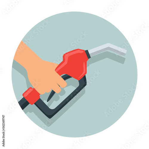 hand holding gasoline pistol pump fuel nozzle. vector illustration