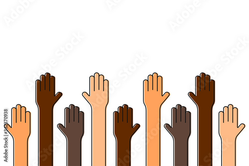 Stop racism. Black lives matter. Raised up hands of people with different skin colors. Justice and no racism concept