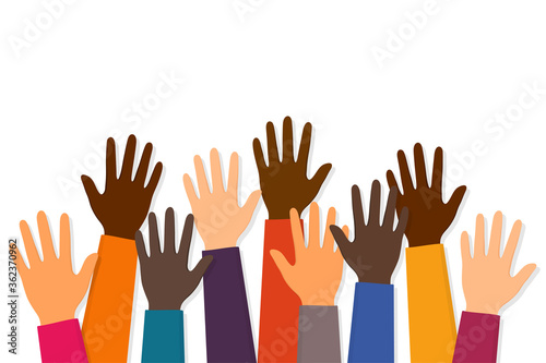 Stop racism. Black lives matter. Raised up hands of people with different skin colors. Justice and no racism concept