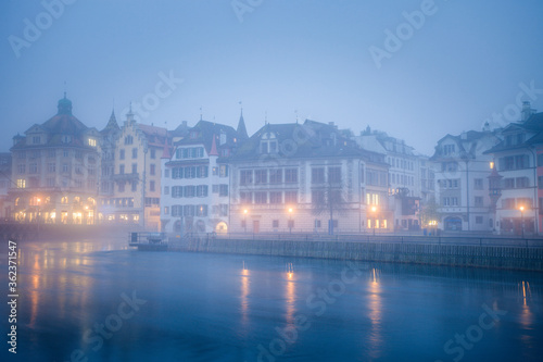 Panorama of Lucerne in morning fog