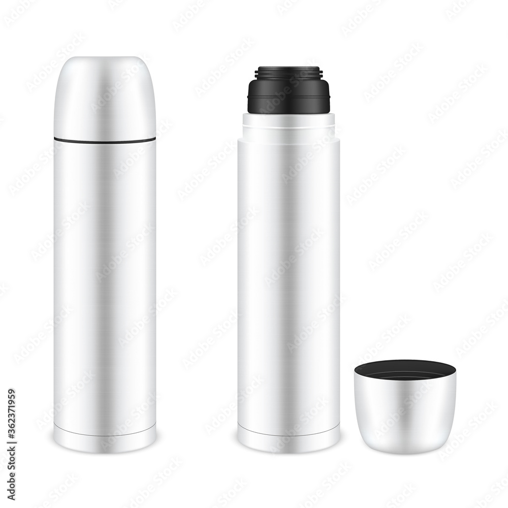Thermoses white metal realistic mockups set. Insulating storage travel mugs, vacuum flasks, bottles. Thermoses white metal realistic mockups set. Insulating storage travel mugs, vacuum flasks, bottles.