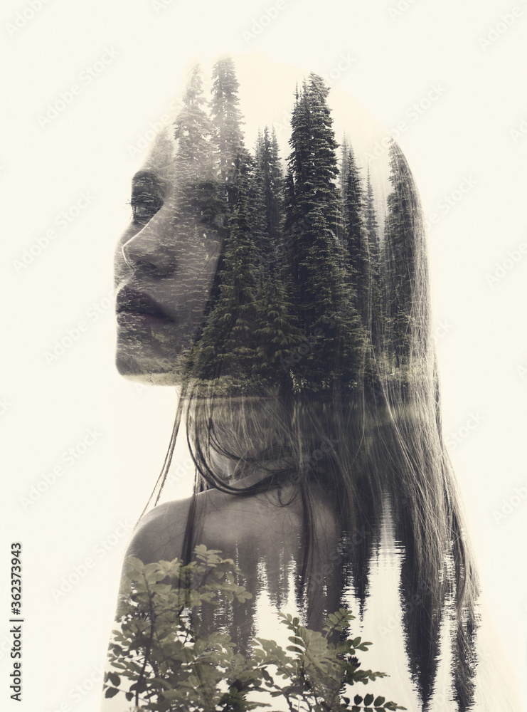 Double exposure mystery head portrait of young woman combined with ...