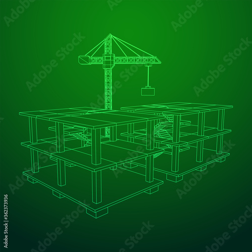 Building under construction with crane. Build house construct in process. Wireframe low poly mesh vector illustration