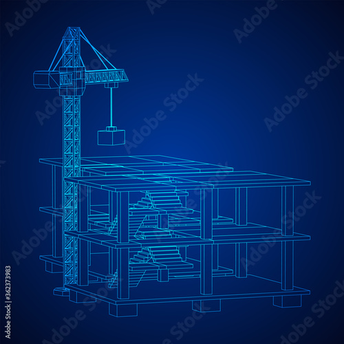 Building under construction with crane. Build house construct in process. Wireframe low poly mesh vector illustration