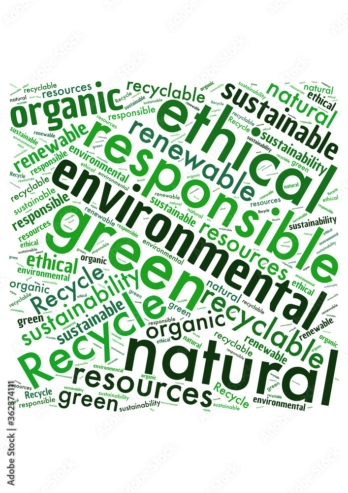 Illustration of a word cloud with words representing the environment and being green Illustration of a word cloud with words representing the environment and being green