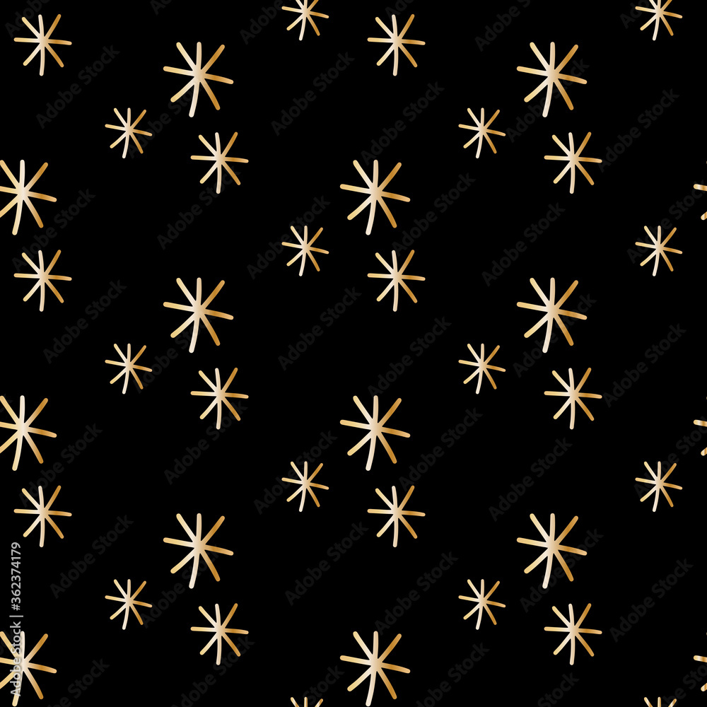 Golden snowflakes on black background. Seamless pattern in scandinavian modern style. Ornament for fabric, wallpaper, packaging, cards, wrapping paper. Vector stock illustration. Golden snowflakes on black background. Seamless pattern in scandinavian modern style. Ornament for fabric, wallpaper, packaging, cards, wrapping paper. Vector stock illustration.