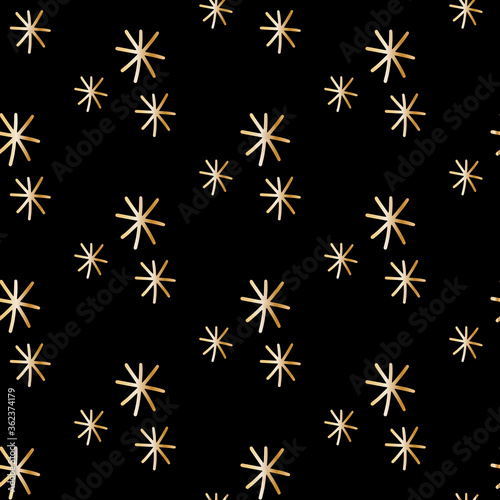 Golden snowflakes on black background. Seamless pattern in scandinavian modern style. Ornament for fabric, wallpaper, packaging, cards, wrapping paper. Vector stock illustration.