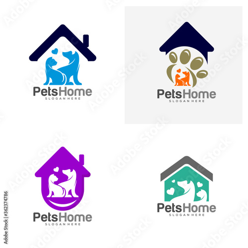 Set of Home pets Logo dog cat design vector template. Animals Veterinary clinic Logotype concept outline icon.