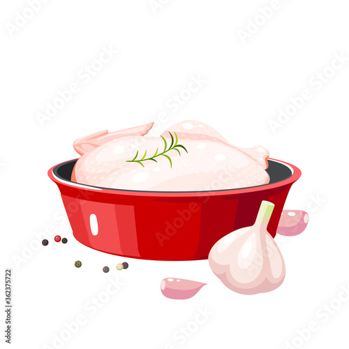 Food preparation. Raw fresh chicken carcass in red round baking pan. Kitchen utensil. Vector illustration cartoon flat icon isolated on white background.