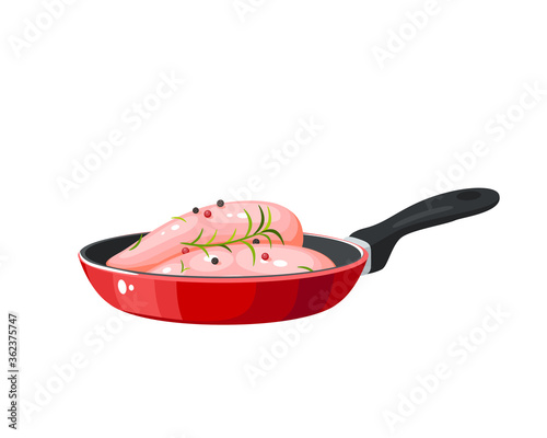 Food preparation. Chicken breast fillet with spices in red frying pan. Kitchen utensil. Vector illustration cartoon flat icon isolated on white background.