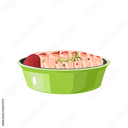 Food preparation. Meat with spices in green round baking pan. Kitchen utensil. Vector illustration cartoon flat icon isolated on white background.
