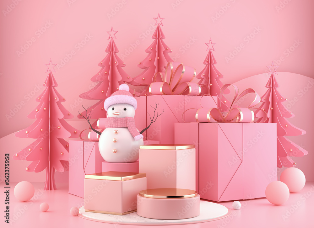 Merry christmas and happy new year snowman standing in podium stage display, empty scene for product presentation.