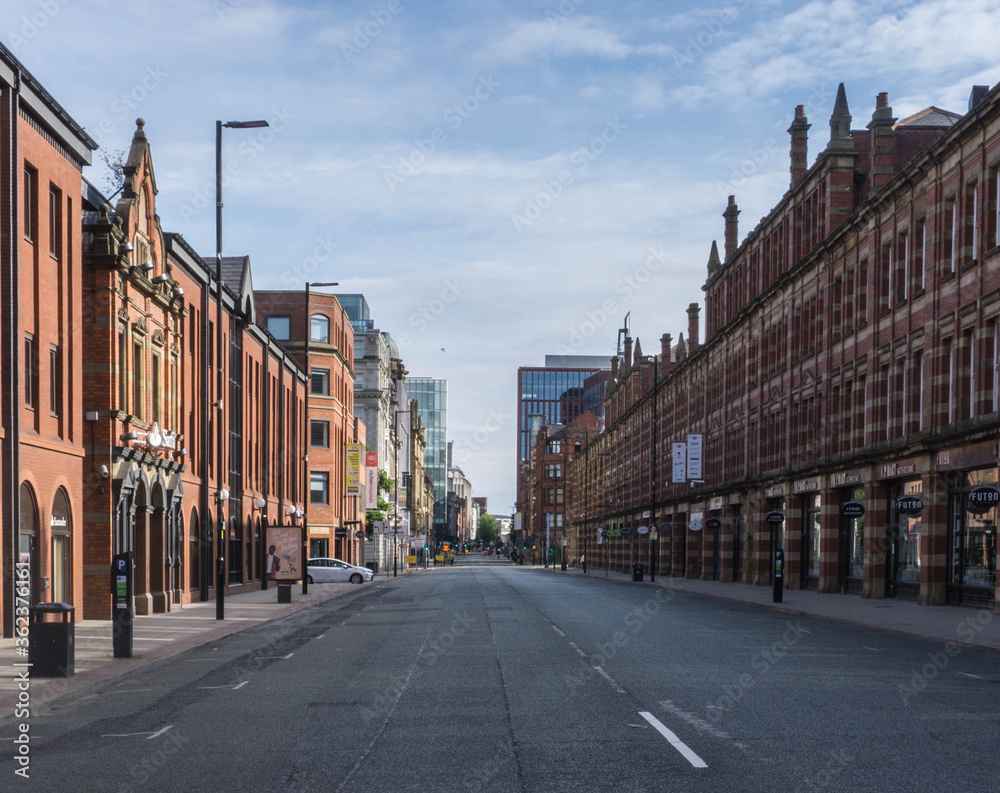 An empty streetscene of one of Central Manchester's busiest city centre streets taken during lockdown. 