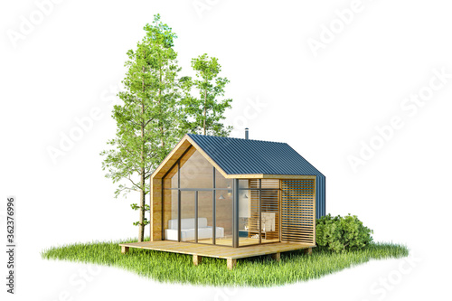 Project of a modern small wooden house in the Scandinavian style barnhouse, with a metal roof on an island of greenery with trees. On a white background, isolated, perspective view, 3D illustration photo