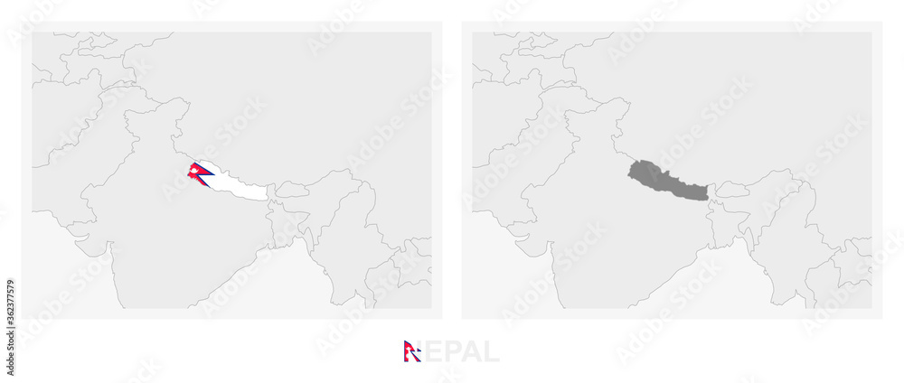 Two versions of the map of Nepal, with the flag of Nepal and ...