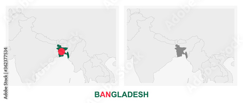 Two versions of the map of Bangladesh, with the flag of Bangladesh and highlighted in dark grey.