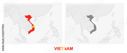 Two versions of the map of Vietnam, with the flag of Vietnam and highlighted in dark grey.