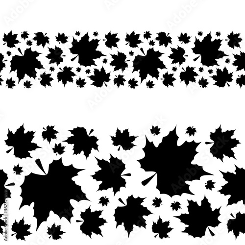 Black maple leaves on white background. Seamless border. Isolated on white background. Abstract graphic black-white stock illustration. Template for coloring  textures and another design.