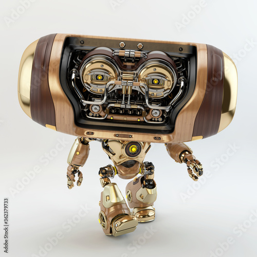 Cool wooden robotic creature - toy with big, wide head in front moving forward, 3d rendering