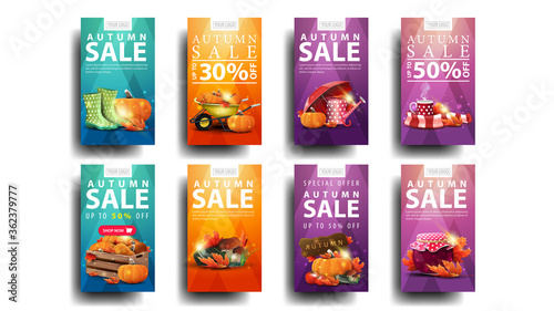 Autumn sale, large collection modern vertical discount banners with autumn elements for your business. Autumn discount banners with place for your logo