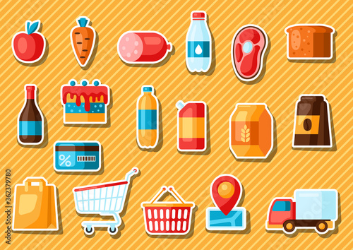 Supermarket food, selfservice and delivery stickers.