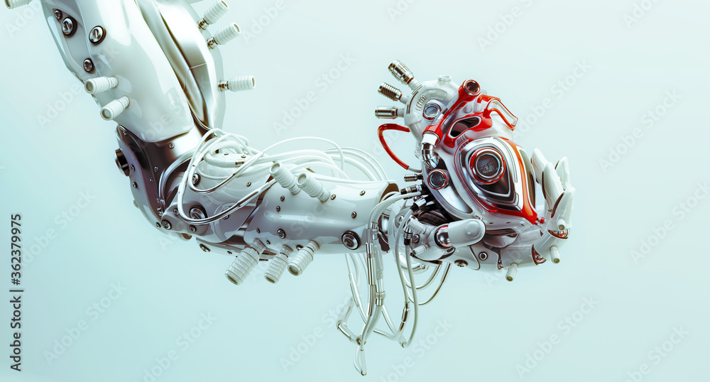 Stylish white robot arm holds artificial futuristic heart. Metal artificial arm with heart, 3d rendering Stylish white robot arm holds artificial futuristic heart. Metal artificial arm with heart, 3d rendering