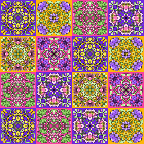 Art Nouveau ceramic tile pattern. Floral motifs in retro style.