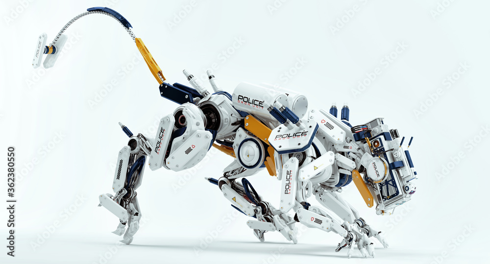 Futuristic robotic panther acting as a cop. White police panther with orange details, 3d rendering Futuristic robotic panther acting as a cop. White police panther with orange details, 3d rendering