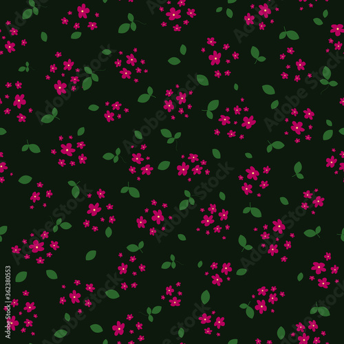 Ditsy pattern. Simple vector seamless texture with small red flowers and green leaves on black backdrop. Elegant abstract floral background. Minimal repeat design for decoration, textile, wallpapers