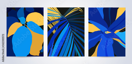 Modern abstract art design with exotic leaves in blue and mellow yellow colors. Contemporary wall art, cards, posters, or magazine covers, packaging and branding design. Trendy tropical background