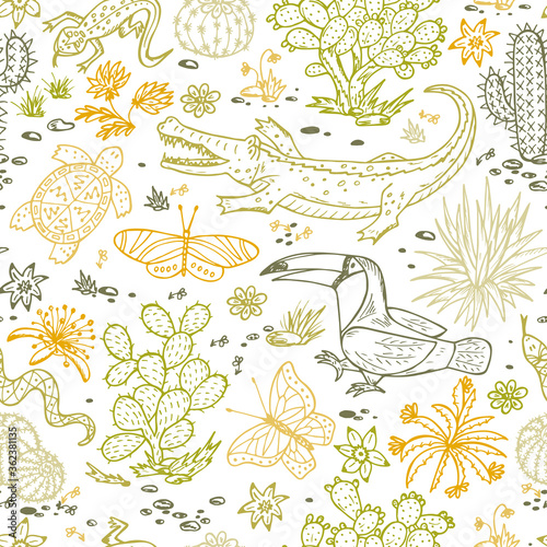 Mexico Vector Seamless pattern. Mexican flora and fauna. Nature of Mexico - Plants and animals. Hand drawn doodle Cactus, butterflies, reptiles, crocodile, toucan bird