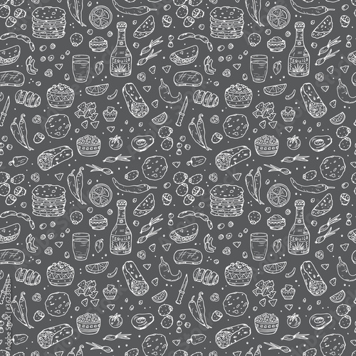 Mexican tradition Food Vector Seamless pattern. Hand drawn doodle corn tortilla, taco, burritos, guacamole, nachos corn chips, Vegetables