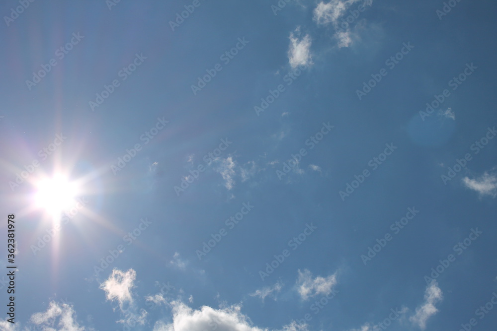 Sunny background, blue sky with white clouds and sun Sunny background, blue sky with white clouds and sun