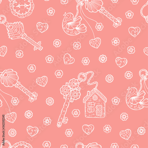 Hand drawn doodle lock, trinkets and keys - Vector Vintage Seamless pattern